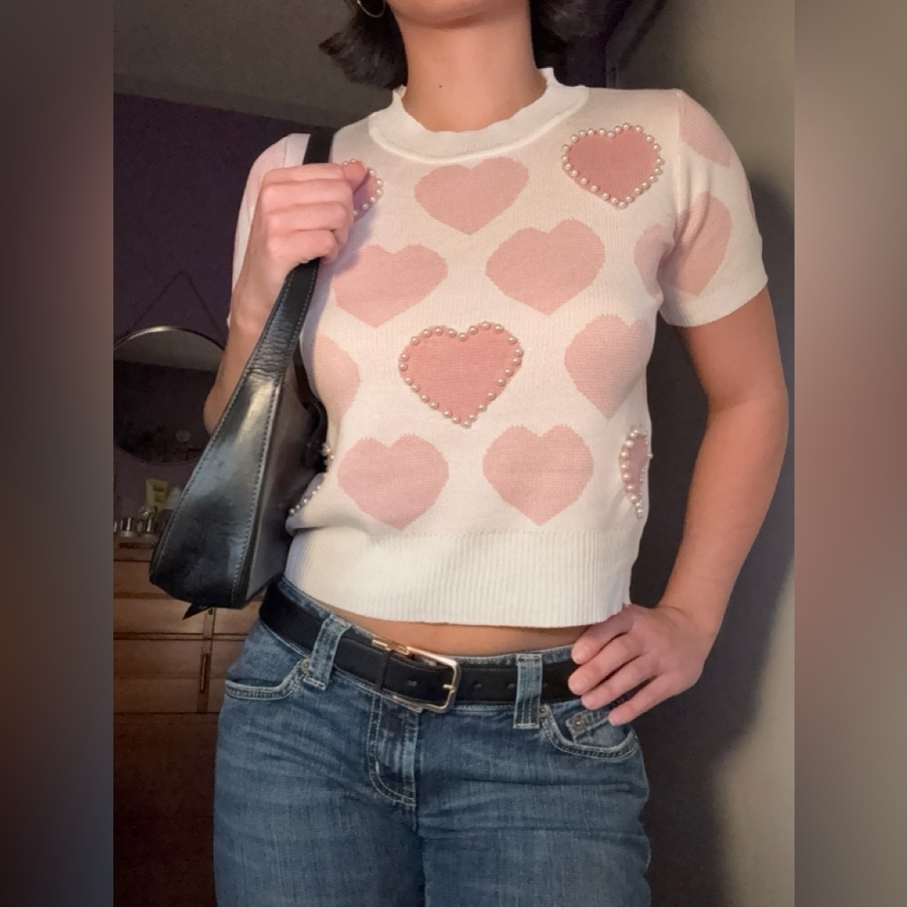 Coquette Pink Heart Beaded Women's Top